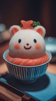 Adorable Salmon Sashimi Bowl Shaped Like a Cute Bear Face. photo