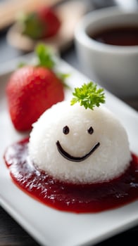 Adorable Smiley Face Rice Ball with Fresh Strawberry and Sauce. photo