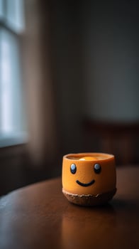 Smiley candle brings warmth and joy to a cozy room setting. photo