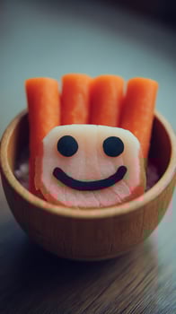 Happy Smiley Face Carrot Snack in Wooden Bowl For Kids. photo