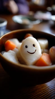 Whimsical Smiley Face Food Decoration in a Warmly Lit Bowl photo