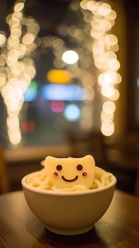 A happy noodle bowl with cute decorations and bokeh lights. photo