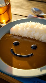 Happy Face Curry Rice Meal With a Refreshing Drink Outside photo