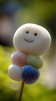 Happy Dumpling Character with Colorful Balls on a Stick. photo