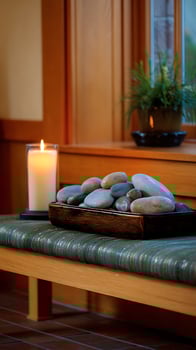 Relaxing Spa Scene with Glowing Candle and Smooth Stones. photo