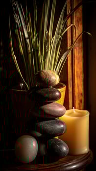 Serene Stacked Stones and Candle for Calm Meditation and Relaxation. photo
