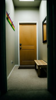 Cozy Hallway Scene with a Warm Golden Door and Bench. photo