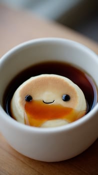 Adorable Pancake Character Floating in Coffee, a Sweet Breakfast Surprise. photo