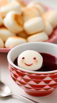Happy Marshmallow Face in Berry Sauce with a Spoon. photo