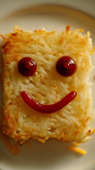 Happy Face Hash Brown with Ketchup Eyes and Smile. photo