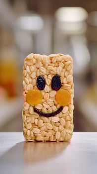 Happy Cereal Bar with Fruit Face for Healthy Snacks and Kids. photo
