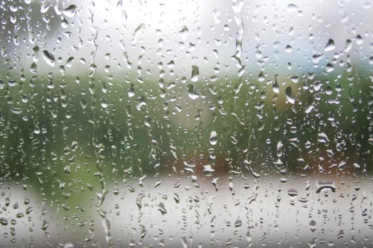 Rain droplets create a serene view on a windowpane photo