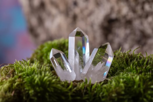 Clear Quartz Crystals on Moss Bed Spiritual Healing and Energy Balance Meditation Still Life Photograph photo