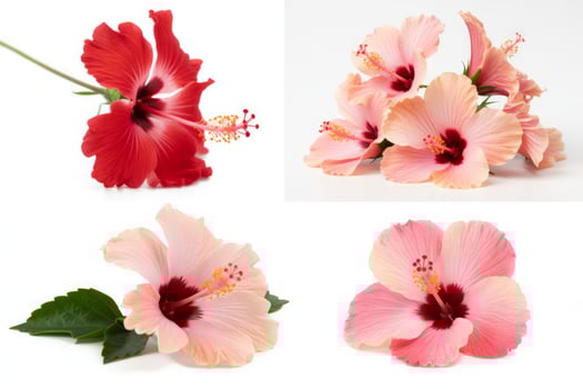 Collection of Stunning Hibiscus Flowers in Full Bloom Displaying Vibrant Colors on a Clean White Background Ready for Design photo