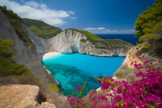 Navagio Beach Greece Breathtaking Turquoise Waters and White Cliffs Framed by Lush Greenery and Vibrant Pink Flowers a Mediterranean Paradise photo