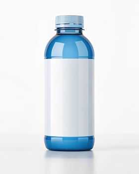 A blue bottle with a white label on it photo