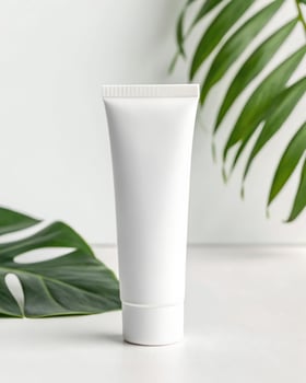 A tube of cream cream on a white surface next to a green leaf photo