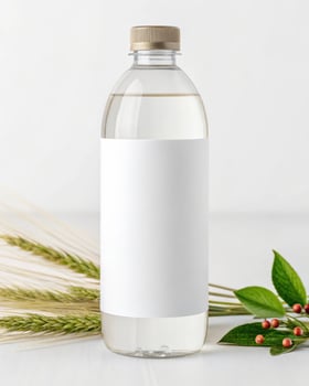 A bottle of water with a leaf and some wheat photo