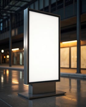A blank billboard is sitting on a street at night photo