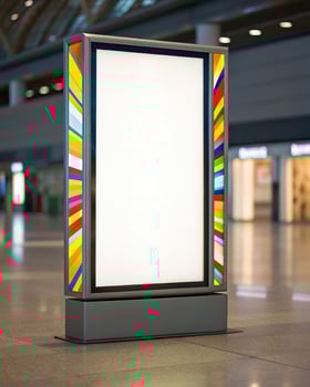 A large billboard in an airport with a colorful design photo