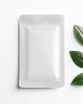 A white plastic packet with a leaf on top photo