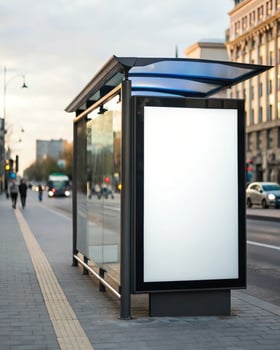 A bus stop with a blank billboard on the side photo
