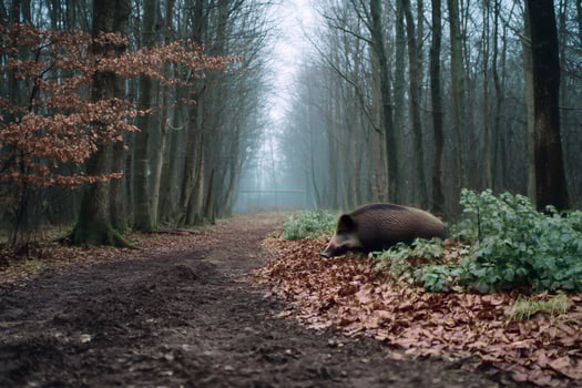 Wild boar resting in the forest near a dirt road photo