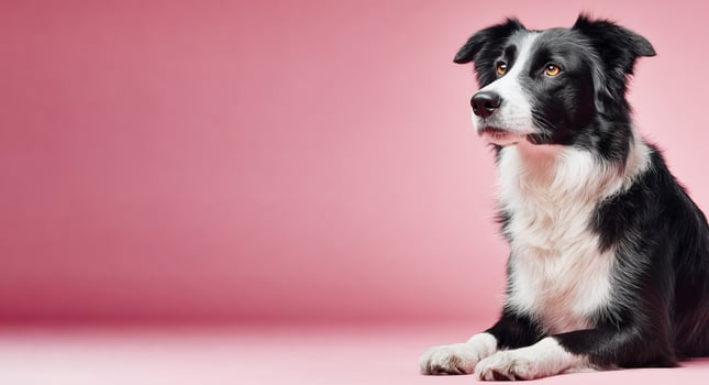 Border collie dog lying down and looking up on pink background photo