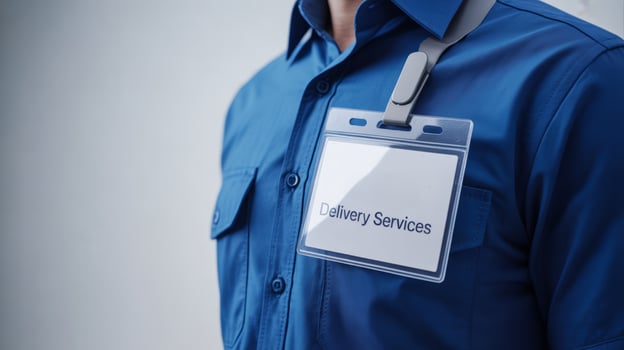 Delivery courier logistics ecommerce shipping. Delivery courier logistics shipping uniform badge service business professional blue shirt closeup photo