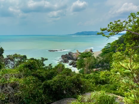 A captivating wide-angle shot from an elevated perspective showcases the renowned Hin Ta and Hin Yai rock formations on the coast of Koh Samui. The distinctive natural sculptures are nestled amongst photo