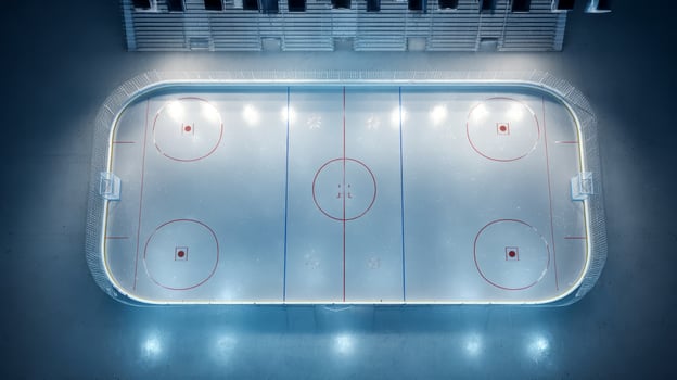 Background of empty hockey rink with gates, skate-scratched ice and markings, suitable for wallpaper photo
