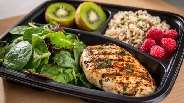 Lunch tray designed for diabetics includes grilled chicken breast, a vibrant spinach salad, brown rice, and sweet kiwi slices. photo