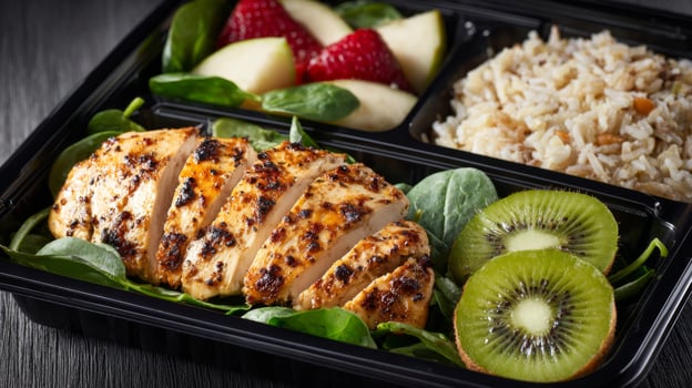 This nutritious lunch tray includes seasoned grilled chicken breast, fresh spinach salad, fluffy brown rice, and slices of sweet kiwi. A well-balanced meal suitable for a diabetic diet. photo