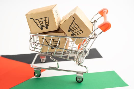 Box with shopping online cart logo and Palestine flag, Import Export Shopping online or commerce finance delivery service store product shipping photo