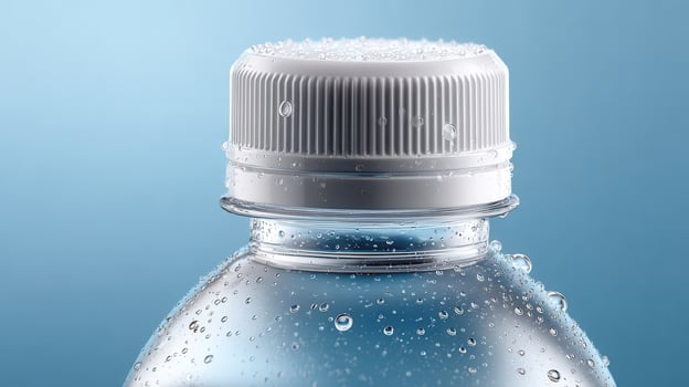 Chilled plastic water bottle glistening with cool signaling droplets moisture, pure hydration and crisp refreshment photo