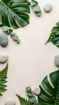 Calm Botanical Flat Lay Monstera, Fern, Eucalyptus Leaves and Zen Stones on Beige photo
