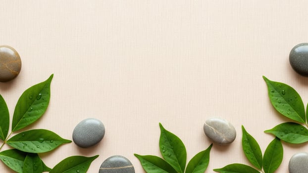 Calm Natural Border of Dewy Leaves and Smooth Stones on a Textured Canvas photo