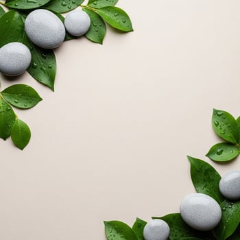 Serene Corner Frame of Dewy Green Leaves and Speckled Zen Stones photo