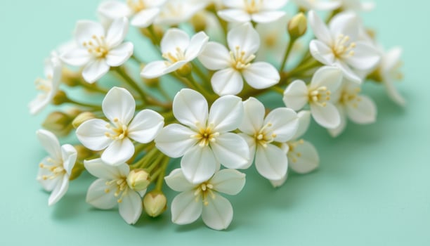 close up view of white snowflake blossoms with soft rounded petals resting on a cool mint green backdrop. photo