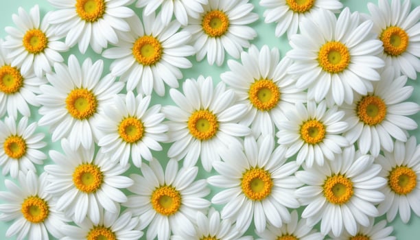 close up view of white daisies with bright yellow centers arranged evenly against a soft mint green backdrop. photo