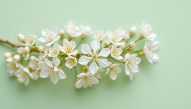 close up view of white snowflake blossoms blooming neatly on a light sage green background. photo