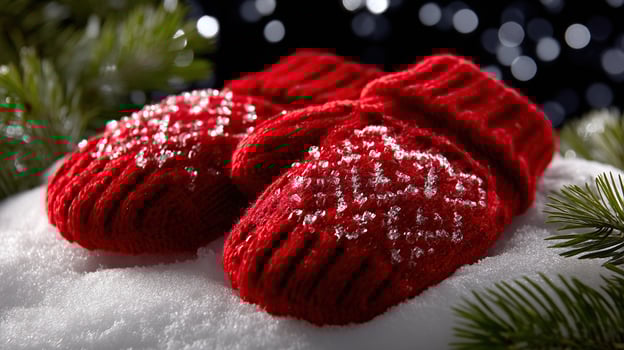 Red knitted mittens with snowflakes resting on soft, fresh snow, evoking winter and Christmas. photo