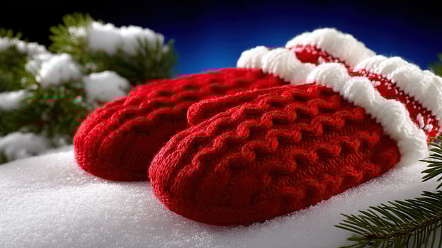 A pair of bright red mittens on a snowy, festive winter scene. photo