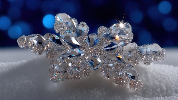 A stunning crystal snowflake, a symbol of winter beauty, sparkling elegantly on a snowy surface. photo
