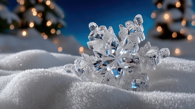 A stunning crystal snowflake rests in fresh snow with festive bokeh lights. photo