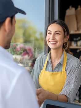 Cheerful female barista wearing yellow apron warmly greets customer at coffee shop counter, creating friendly atmosphere photo