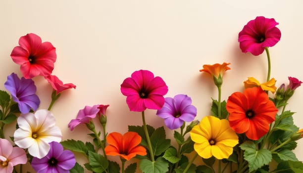 close up view of blooming petunias in mixed vibrant colors arranged over a plain ivory backdrop. photo