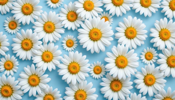 close up view of white daisies with golden yellow centers evenly spaced across a smooth light blue backdrop. photo