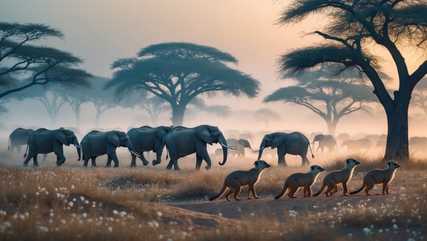 Herd of elephants moving through a misty savannah at dawn, with meerkats crossing nearby photo