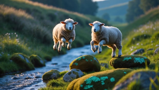 Two sheep joyfully jumping over rocks by a stream in a serene landscape during golden hour photo